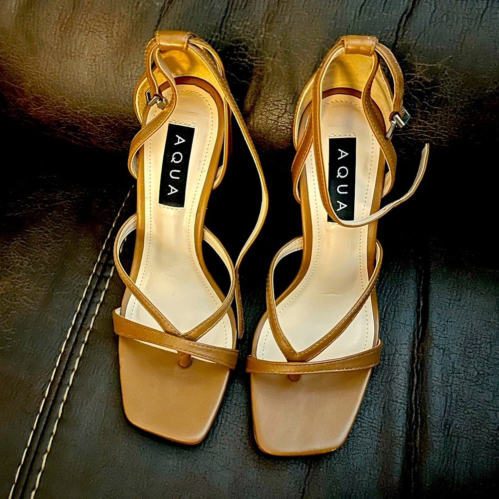 Aqua Women’s Brown Ankle Strap Padded Luanda Square Toe Stiletto Thong Sandals